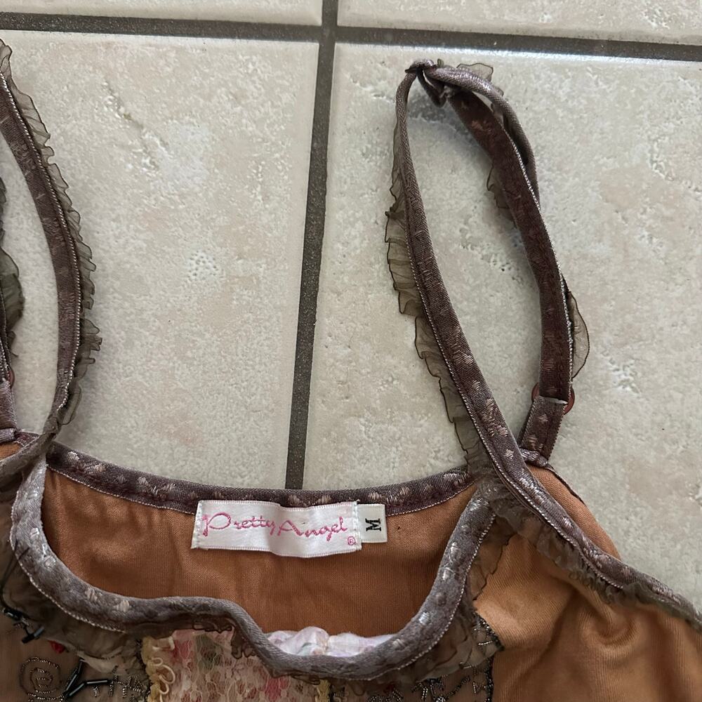 Y2k brown lace beaded assymetrical hem fairy cami tank top - Picture 6 of 6